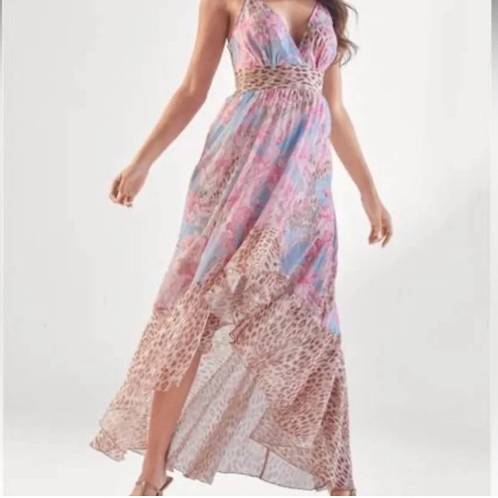 VENUS Mixed Print High-Low Metallic Chiffon Dress. Size 4